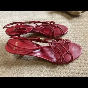 Bally true red all leather lace heel sandals